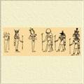 Египетские боги и богини. Слева направо: Птах, Хатхор, Осирис, Ра, Анубис,