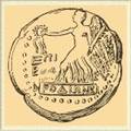 Родосская монета (слева). Изображена Ника с пальмовой ветвью и диадемой в