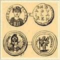 Монета Тотилы (54-1552) и золотая монета Юстиниана (527–565).